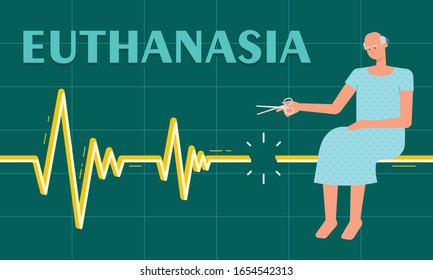 This colorful illustration depicts a man, he cuts off the pulse of his life with scissors, thus voluntary euthanasia is symbolically shown
