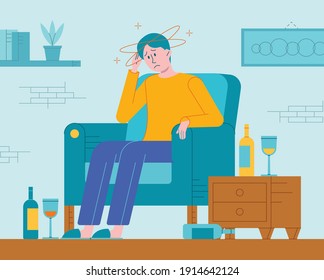 Esta colorida ilustración muestra a un hombre que sufre de dolor de cabeza grave, debilidad, náuseas y que experimenta síntomas de resaca después de beber alcohol