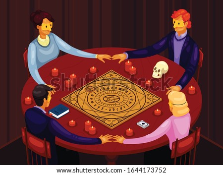 This colorful illustration depicts masked people, they're sitting at a table, holding hands and conducting a spiritualistic occult session Stock photo © 