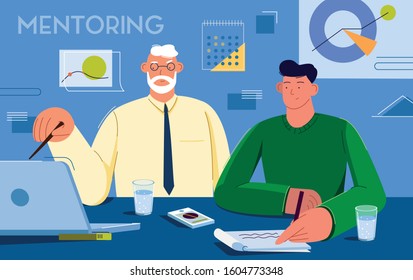 This colorful illustration depicts a mentor who sharing experience and knowledge with a fresh employee