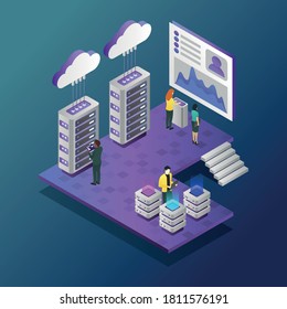 This colorful illustration depicts the modern work environment, which includes teamwork in the office, processing data streams, and transferring them to cloud storage, servers maintenance, etc.
