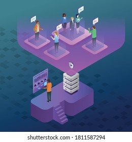 This colorful illustration depicts a modern work environment that includes teamwork, brainstorming, analysis and data processing of varying complexity