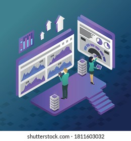 This colorful illustration depicts a modern work environment that includes office teamwork, data analysis, storage, and processing