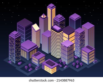 This colorful illustration depicts a night city area from above, city infrastructure with streets and buildings