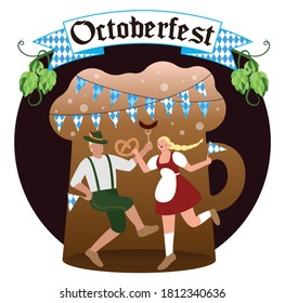 This colorful illustration depicts the Oktoberfest with funny cartoon characters in Bavarian costumes with traditional appetizers, Munich sausages and salted pretzels