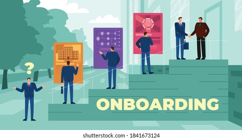 This Colorful Illustration Depicts The Onboarding Process, Integrating A New Employee Into The Organization And Its Culture