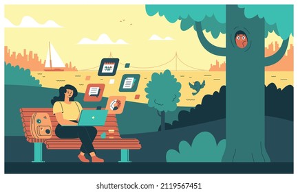 This colorful illustration depicts a outside work, a young girl who works on laptop outdoors at green park  