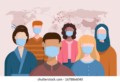 This colorful illustration depicts people of multi nationalities in protective masks, behind their backs, a world map is visible, which shows the areas affected by the pandemic