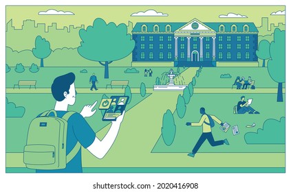 This colorful illustration depicts a student who back to college