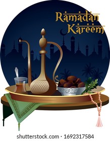 This colorful illustration depicts the traditional Muslim symbols that symbolize the month of Ramadan, in the background, you can see mosques and architecture of the Middle East