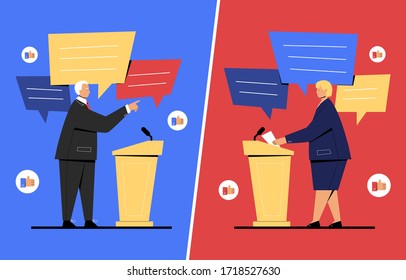 This colorful illustration depicts two politicians, man, and women, there is a debate between them, they dispute among themselves on different political issues  