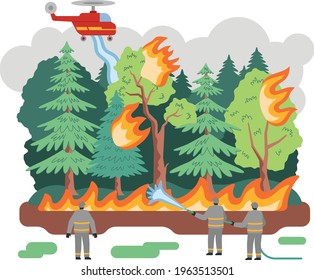 This colorful illustration depicts a wildfire, trees engulfed in flames, clouds of smoke and firefighters trying to extinguish the fire