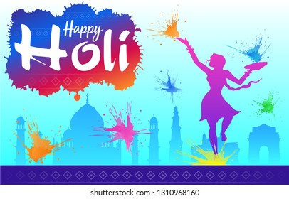 This colorful illustration depicts a young girl who throws paint Holi in different directions, as well, on the background of the illustration you can see Taj Mahal, Qutub Minar and The India Gate