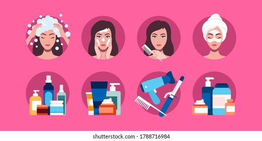 This colorful illustration depicts a young man who uses personal care products, shampoo, balm, cream, tonic, face mask, make-up remover gel, face scrub, etc.