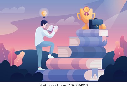 This colorful illustration depicts a young man who reads a book and develops his knowledge, while becoming more successful, richer, and rising higher and higher in self improvement