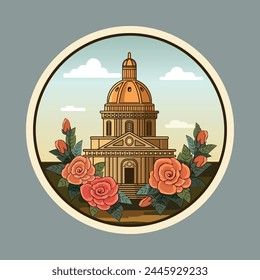 This is a colorful illustration of a domed building surrounded by colorful roses. It is set against a backdrop of clouds and sky, creating a harmonious combination of architecture and nature.