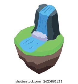 This colorful illustration features a waterfall cascading from a cliff on a floating island, showcasing the beauty and tranquility of nature