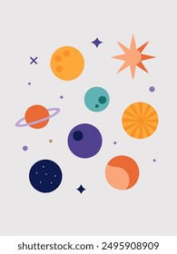 This is a colorful illustration of planets, stars, and other celestial objects in space. Perfect for adding a touch of whimsy and wonder to any design project. 