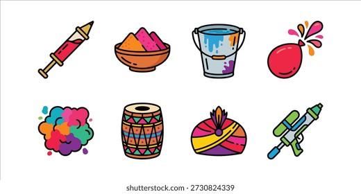 This colorful illustration set features traditional Holi festival elements such as a water gun (pichkari), bowl of powdered colors, paint bucket, water balloon, color splash, decorative drum, festive turban, and spray toy.