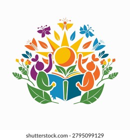 This colorful illustration showcases two figures gathered around an open book, symbolizing learning. The image features a bright sun, butterflies, and floral elements, suggesting a connection to nature. The style is vector based and suitable for educational or promotional materials, providing copy space for text. The composition is simple and vibrant.