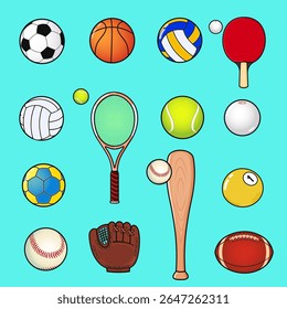This colorful illustration showcases a variety of sports equipment, including balls and rackets, perfect for sports enthusiasts and educational content.