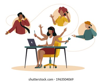 This colorful illustration shows a call center operator performing many tasks at the same time