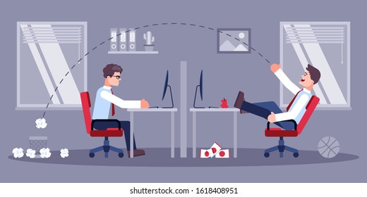 This colorful illustration shows a destructive personality who, with its inappropriate behavior, puts a discord in the work of the office and employees svg