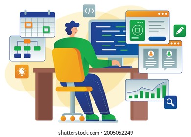Esta colorida ilustración muestra a un desarrollador - especialista en desarrollo de software y sitios web en el campo de la tecnología de la información