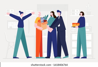 This colorful illustration shows an elderly man, he is retiring, his colleagues are seeing him off