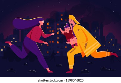 This colorful illustration shows a firefighter committing a heroic rescue of a little girl from a burning house, the hero is handing the kid to the parent 