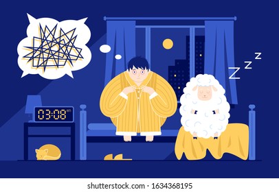 This colorful illustration shows a funny man sitting on the bed in the middle of the night, he is suffering from insomnia, next to him sits a cute sheep who is in deep sleep