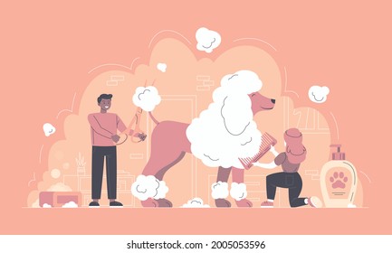 This colorful illustration shows funny professional dog groomers giving a dog a trendy haircut