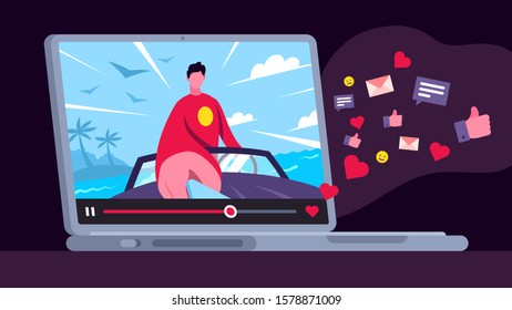 This colorful illustration shows a social networks star, a young guy riding a boat, taking a selfie and getting likes