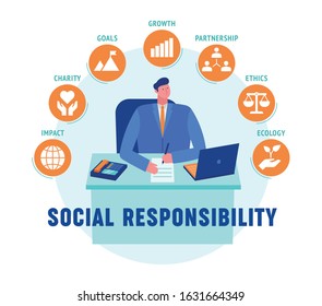 This colorful illustration shows a socially responsible corporate businessman who, in the decision-making process, takes into account the interests of wide social groups and society as a whole