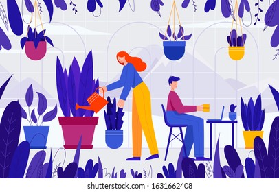 This colorful illustration shows two lovely young people surrounded by plants, they're doing gardening