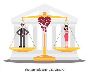 This Colorful Illustration Shows An Unhappy Man And A Woman, The Court Has Legislated A Divorce Order