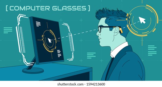 This colorful illustration shows a young man sitting at a computer, he is using state of the art computer glasses