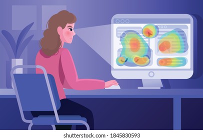 This colorful illustration shows a young woman looking at a monitor, her eyes naturally moving take through content. this is eye flow process