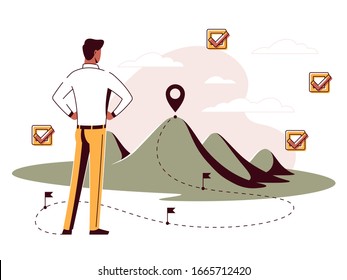 This colorful illustration symbolically depicts a master plan with key goals and timelines, visualization of a strategy, successful planning