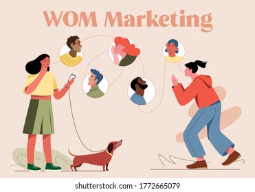 This colorful illustration symbolically depicts word of mouth marketing (WOM marketing), the oral transmission of information from one person to another