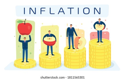 This colorful illustration symbolically shows the process of inflation, when the same amount of money can buy fewer goods and services after a certain time than before