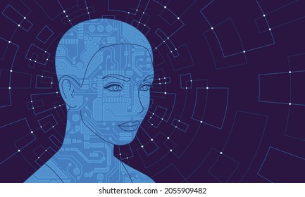 Dieses bunte Bild illustriert den Androiden als Symbol moderner Technologie, Fortschritt, Entwicklung wissenschaftlicher Robotik und die Entwicklung künstlicher Intelligenz