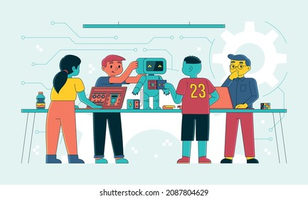 Esta colorida imagen ilustra la robótica educativa y la electrónica en la escuela, diferentes disciplinas que proporcionan a los niños conocimientos relacionados con la ciencia, la tecnología, la ingeniería y las matemáticas 