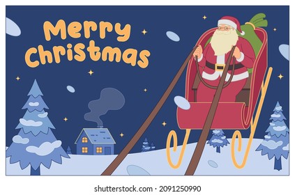 This colorful image illustrates a Merry Christmas and Happy New Year postcard or poster or flyer template with happy Santa Claus