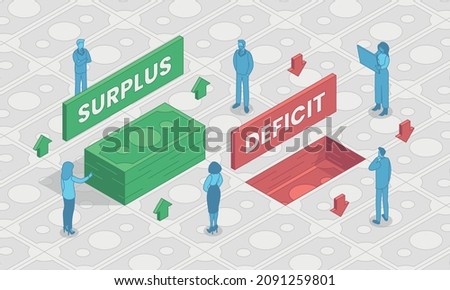 This colorful image illustrates an occurrence in an economy, the surplus is an amount of a resource or asset that exceeds the utilized portion, the deficit is whereby a required resource
