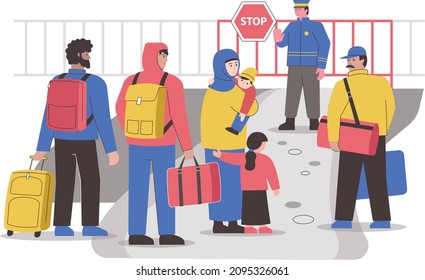 Dieses bunte Bild illustriert Flüchtlinge (Asylbewerber), Personen, die nationale Grenzen überschritten haben und die aus begründeter Angst vor Verfolgung nicht oder nicht willens sind, nach Hause zurückzukehren