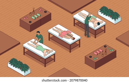 This colorful image illustrates the relaxation in wellness center, visitors receive massage, hot stone massage therapy, aromatherapy, etc.