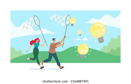 This colorful image illustrates a search for new ideas, cute young people try chasing and catch flying lightbulb ideas with butterfly net