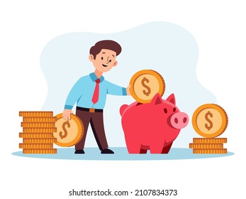 This colorful image illustrates the small businessman who puts gold coins in a piggy bank