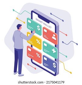 This colorful image illustrates a smart wallet on a smartphone, a software program that allows keeping a driver's license, health card, loyalty card, and other identification documents stored in the w